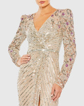 Beige Long Sleeve Embellished Puff Sleeve Faux Wrap Gown